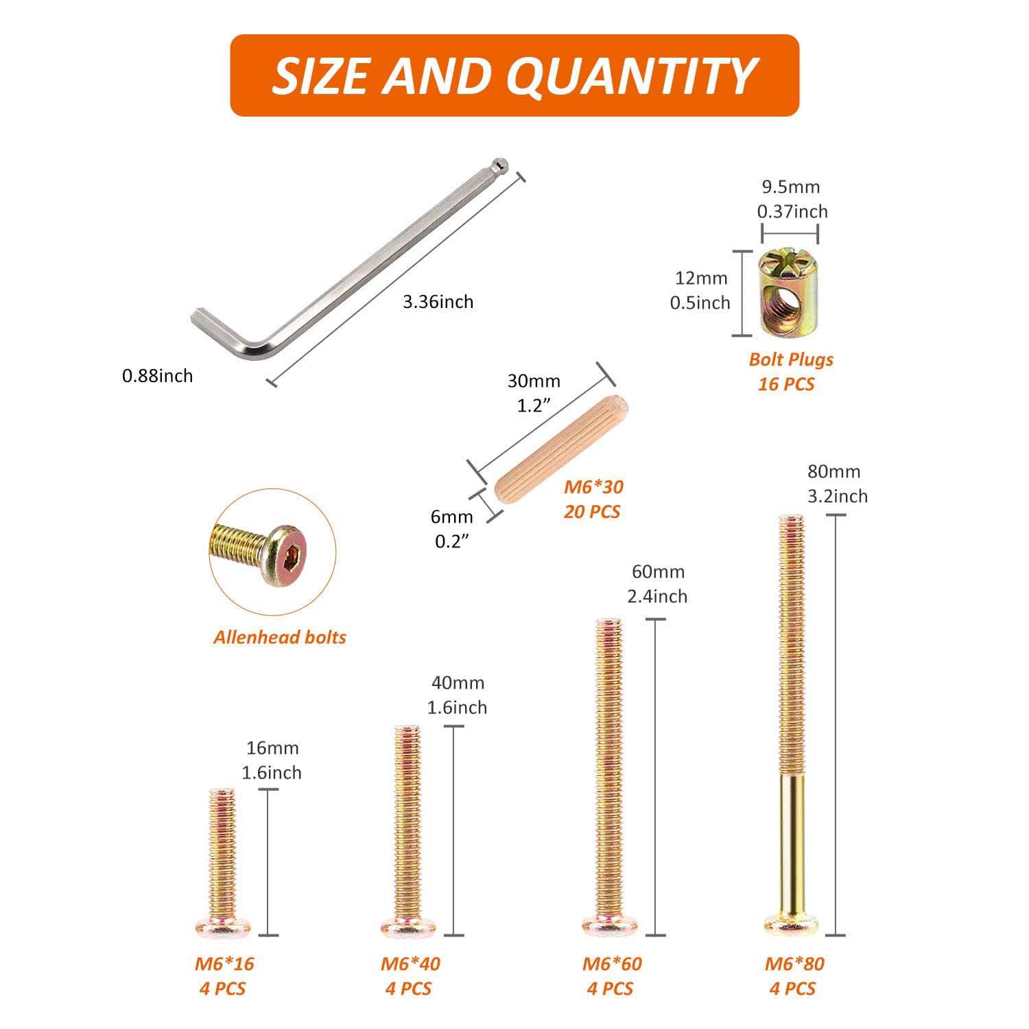 Crib Screws Bolts Hardware Replacement Kit, 28 Set M6 Bolts &Barrel Nuts for Bed Frame,Furniture,Chairs and Cabinets - Zenithce