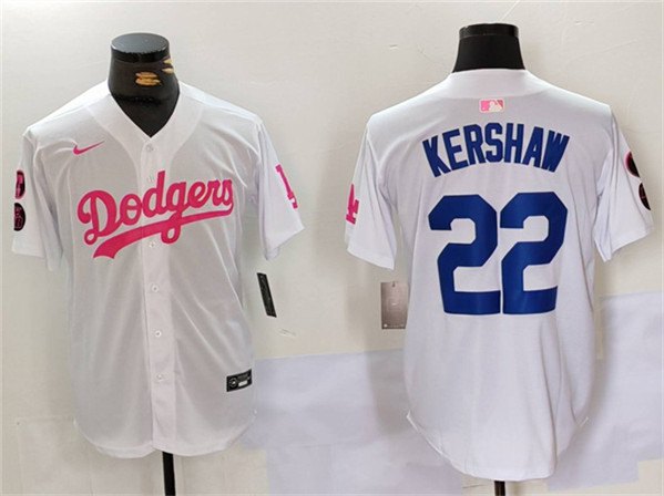 Los Angeles Dodgers #22 Clayton Kershaw White Pink Vin Kobe Patch Stitched Jersey - Zenithce