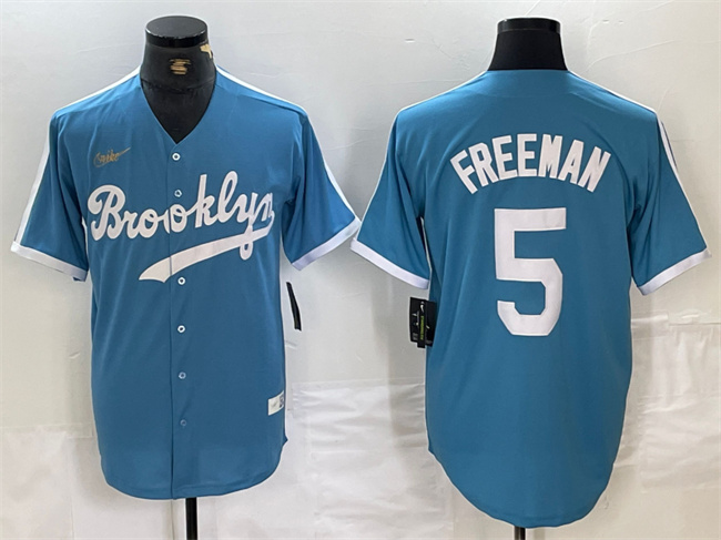 Los Angeles Dodgers #5 Freddie Freeman Light Blue Throwback Cool Base Stitched Jersey - Zenithce