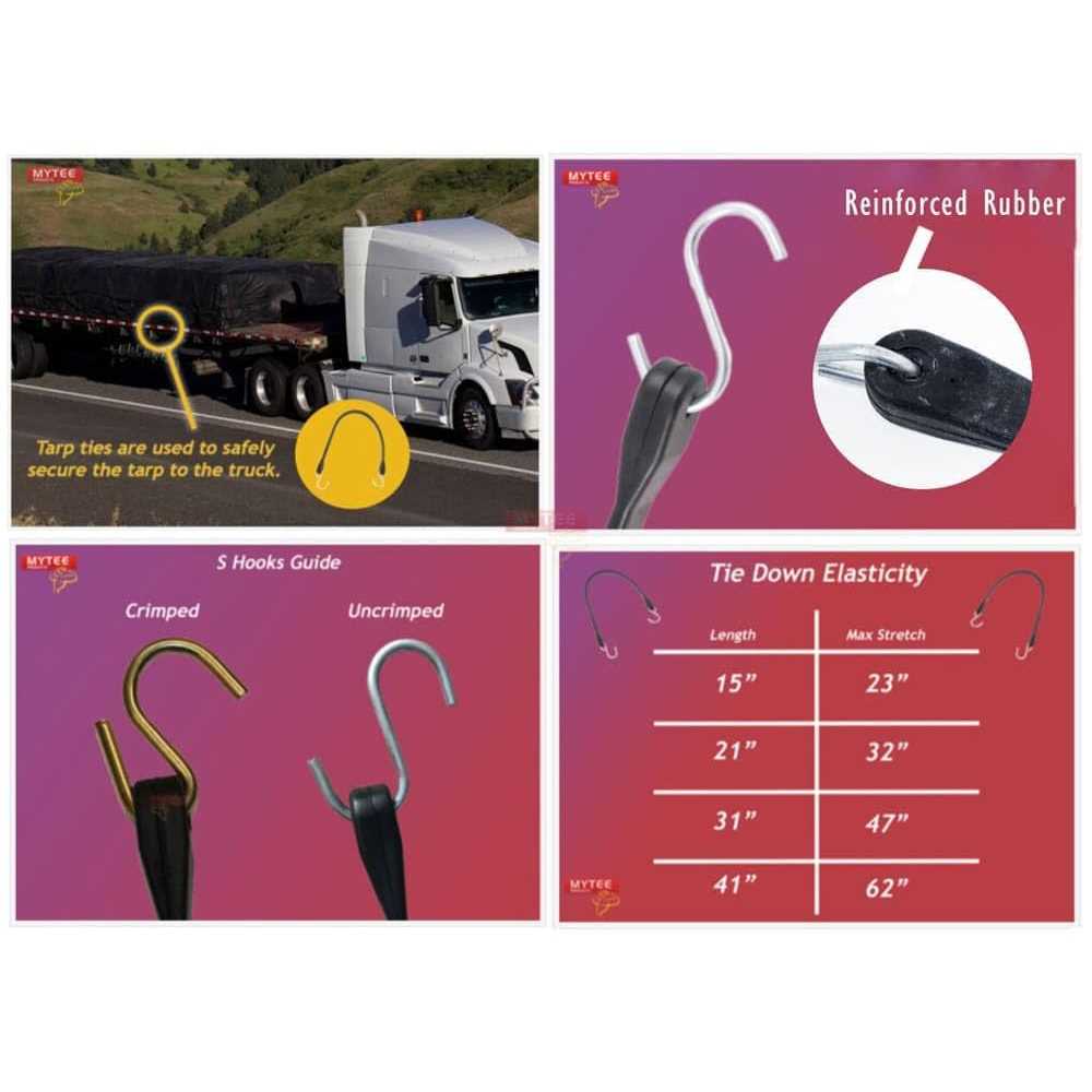 Mytee Products Natural Rubber Tarp Bungee Straps 50 Pack Heavy-Duty Rubber Tie Down Bungee Straps With Crimped S Hooks - Zenithce