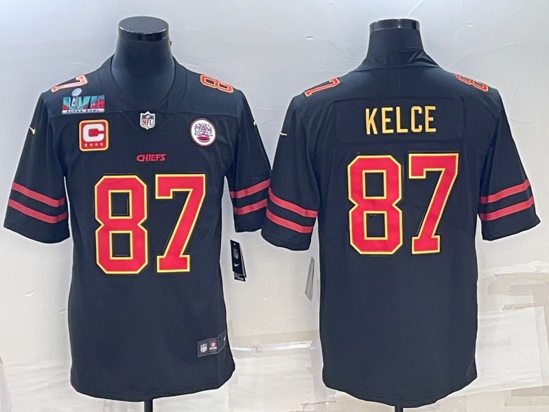 Kansas City Chiefs #87 Travis Kelce Black Red Gold Super Bowl LVII Patch And 4-Star C Patch Vapor Untouchable Limited Stitched Jersey - Zenithce