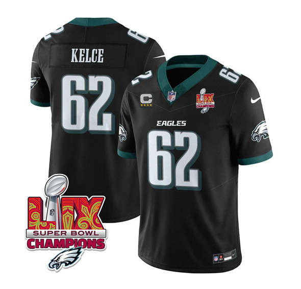 Philadelphia Eagles #62 Jason Kelce Black 2025 Eagles Logo Super Bowl LIX Patch And 4-Star C Patch New F.U.S.E. Vapor Limited Stitched Jersey - Zenithce