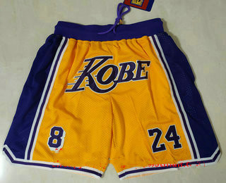 Los Angeles Lakers #8 #24 Kobe Bryant Yellow With Purple Number Just Don Swingman Throwback Shorts - Zenithce