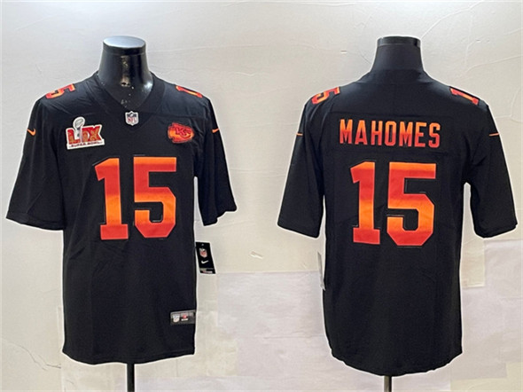 Kansas City Chiefs #15 Patrick Mahomes Black 2025 Super Bowl LIX Patch Fashion Vapor Limited Stitched Jersey - Zenithce