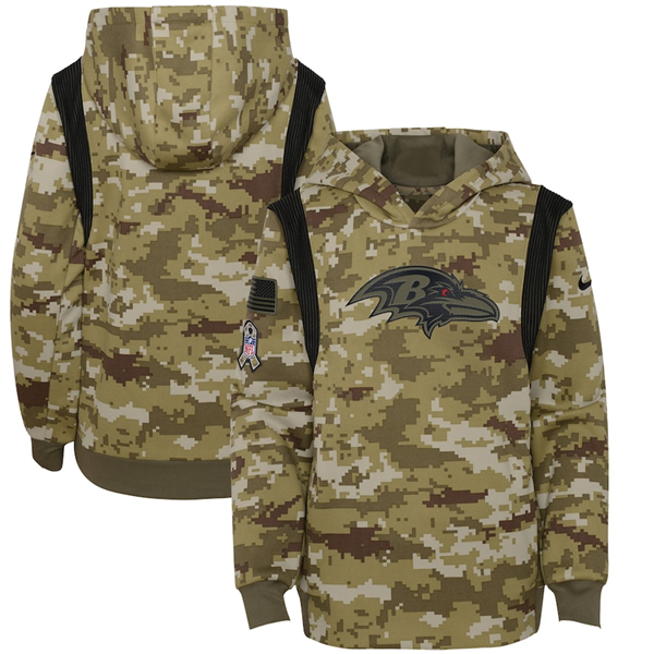 Youth Baltimore Ravens 2021 Camo Salute To Service Therma Performance Pullover Hoodie - Zenithce