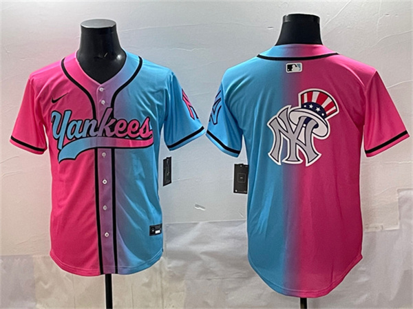 New York Yankees Team Big Logo Pink Blue Limited Stitched Jersey - Zenithce