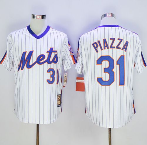 Mitchell And Ness Mets #31 Mike Piazza White(Blue Strip) Throwback Stitched Jersey - Zenithce