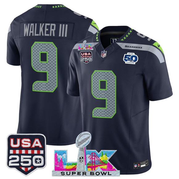 Seattle Seahawks #9 Kenneth Walker III Navy 2025 F.U.S.E. Super Bowl LX Patch And 50th Season USA 250' Patch Vapor Limited Stitched Jersey - Zenithce