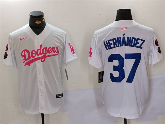 Los Angeles Dodgers #37 Teoscar Hernández White Pink Vin Kobe Patch Stitched Jersey - Zenithce
