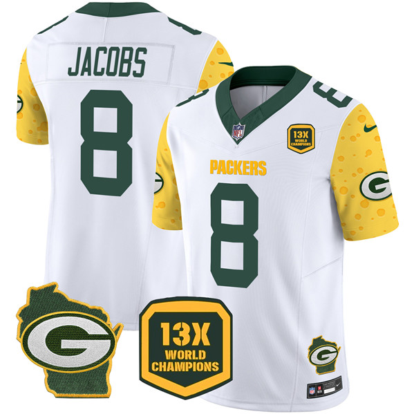 Green Bay Packers #8 Josh Jacobs White 2024 F.U.S.E. 13 Time World Champions And Home Patch Vapor Untouchable Limited Stitched Jersey - Zenithce