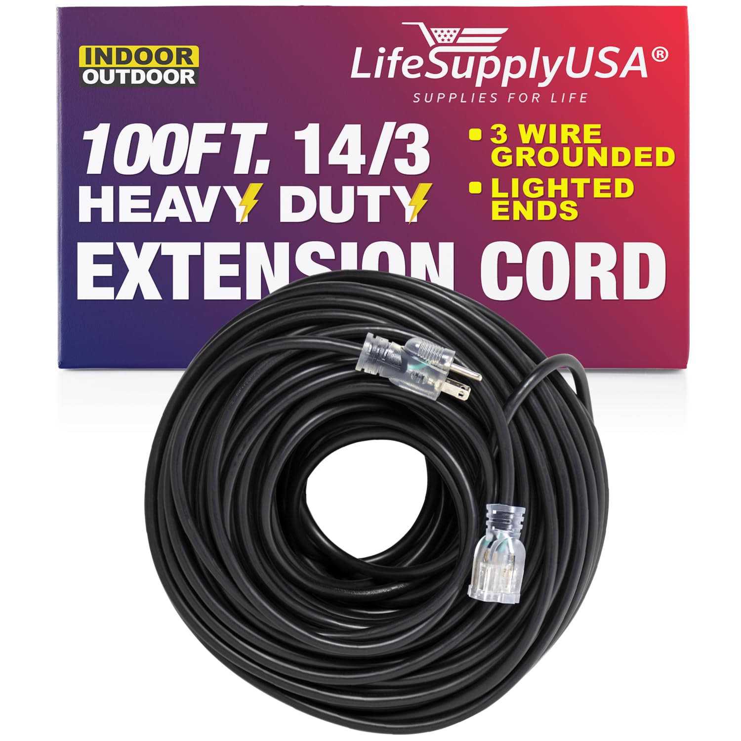 LifeSupplyUSA Amp 125-Volt SJTW Indoor/Outdoor Heavy-Duty Lighted End Extension Cord - Zenithce