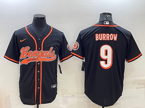 Cincinnati Bengals #9 Joe Burrow Black With Patch Cool Base Stitched Baseball Jersey - Zenithce