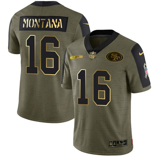 San Francisco 49ers #16 Joe Montana 2021 Olive Camo Salute To Service Golden Limited Stitched Jersey - Zenithce