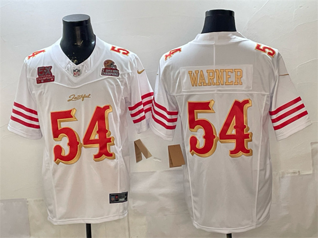 San Francisco 49ers #54 Fred Warner White Gold 2025 F.U.S.E. “Rivalries” 5x Super Bowl Champions Patch Vapor Limited Stitched Jersey - Zenithce