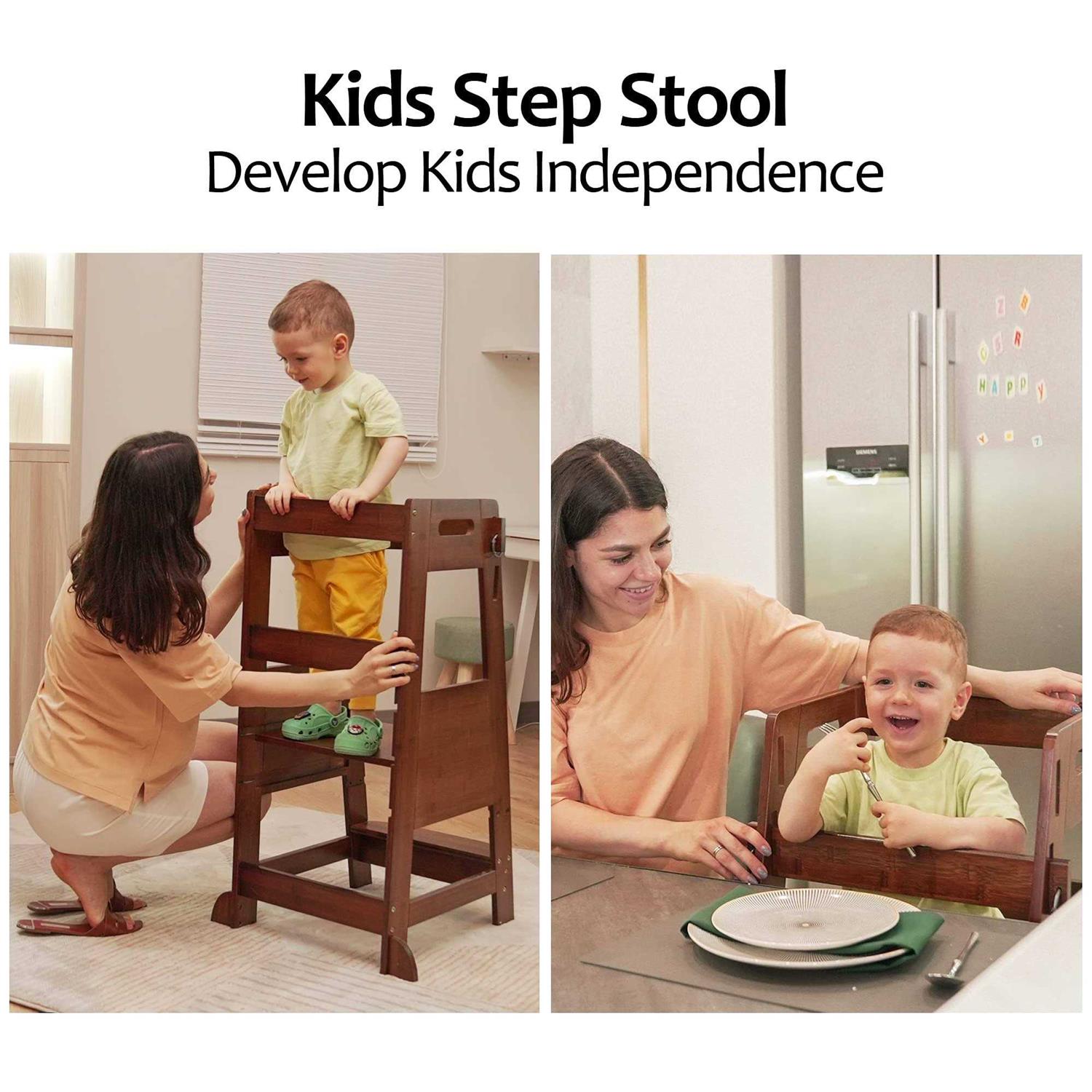 Toetol Bamboo Toddler Kitchen Step Stool white Helper Standing Tower Height adju - Zenithce