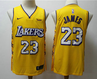 Los Angeles Lakers #23 LeBron James Yellow 2020 City Edition Swingman Jersey With The Sponsor Logo - Zenithce