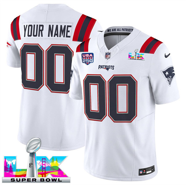 New England Patriots Custom White 2025 F.U.S.E. Super Bowl LX USA 250' Patch Vapor Limited Stitched Jersey - Zenithce