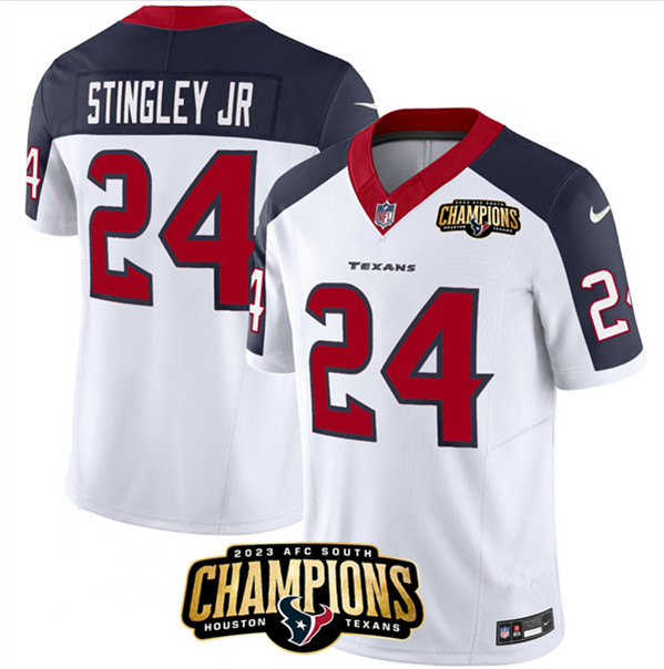 Houston Texans #24 Derek Stingley Jr. White Navy 2023 F.U.S.E. With AFC South Champions Patch And Team Logo Patch Limited Stitched Jersey - Zenithce
