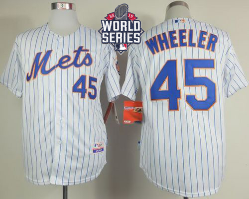 Mets #45 Zack Wheeler White(Blue Strip) Home Cool Base W 2015 World Series Patch Stitched Jersey - Zenithce