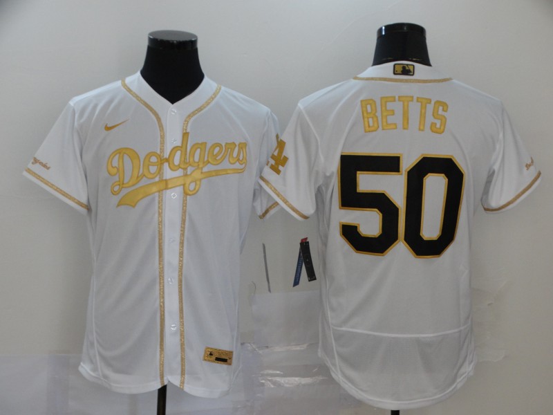 Los Angeles Dodgers #50 Mookie Betts White Golden Flex Base Stitched Jersey - Zenithce
