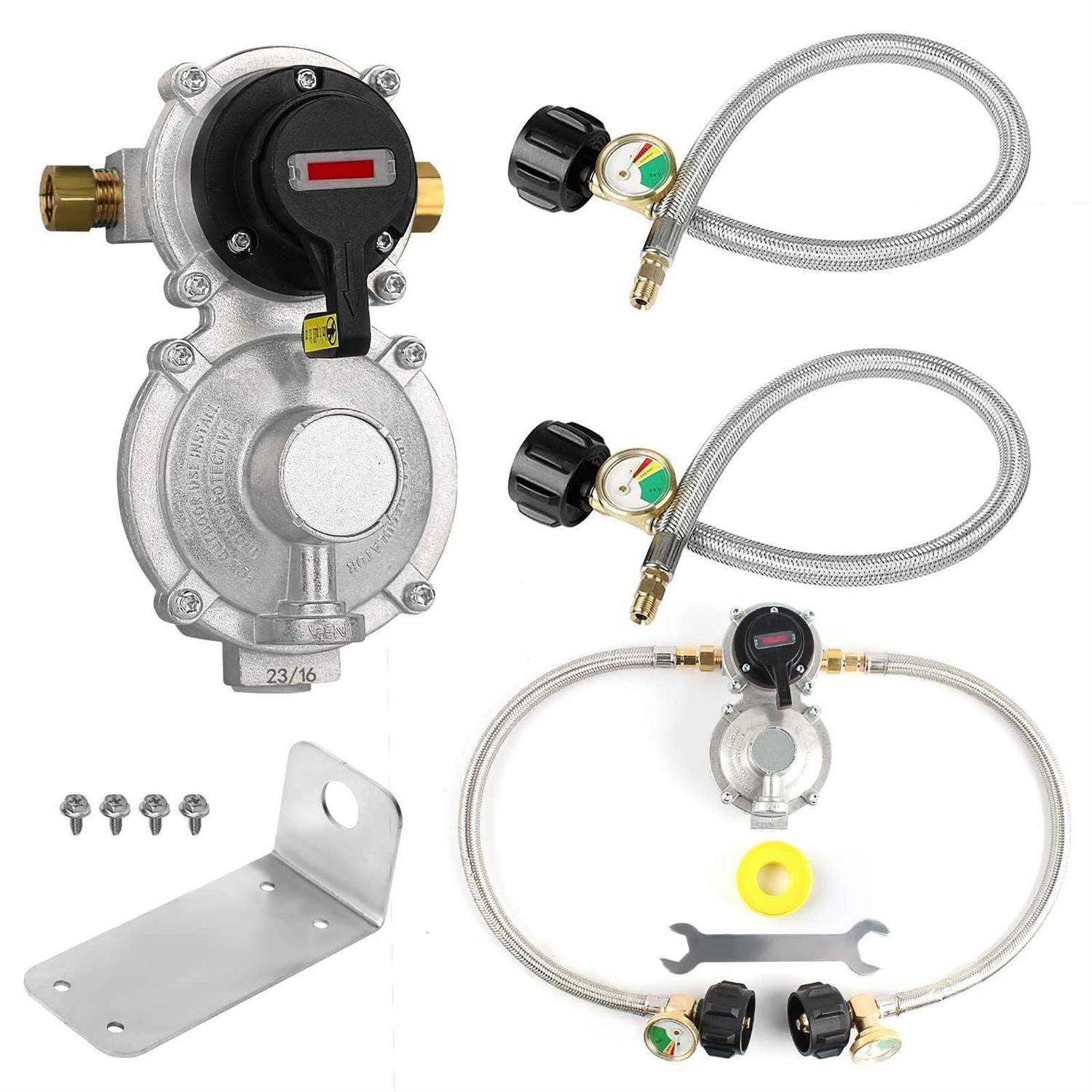 RV Propane Regulator 2 Tank-2-Stage Auto Changeover LP Propane Regulator for RV Includes Gauge and 2X 18 Pigtail Propane Hoses,Ideal for Trailers - Zenithce