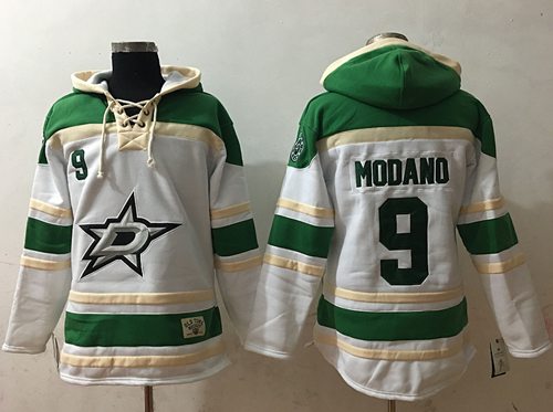 Stars #9 Mike Modano White Sawyer Hooded Sweatshirt Stitched Jersey - Zenithce