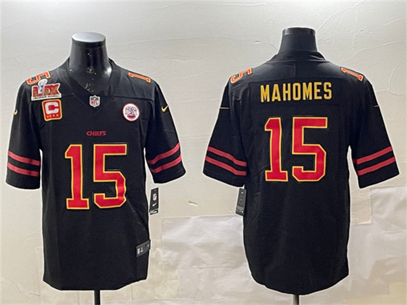 Kansas City Chiefs #15 Patrick Mahomes Black Gold 2025 Super Bowl LIX Patch And 4-Star C Patch Vapor Limited Stitched Jersey - Zenithce