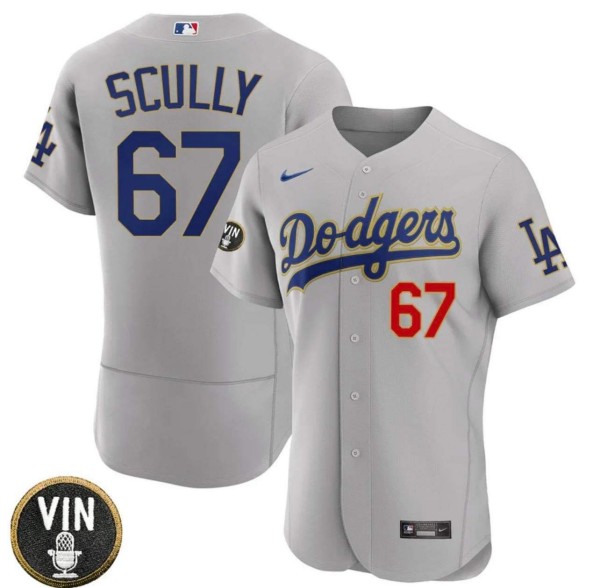 Los Angeles Dodgers #67 Vin Scully 2022 Grey Vin Scully Patch Flex Base Stitched Jersey - Zenithce