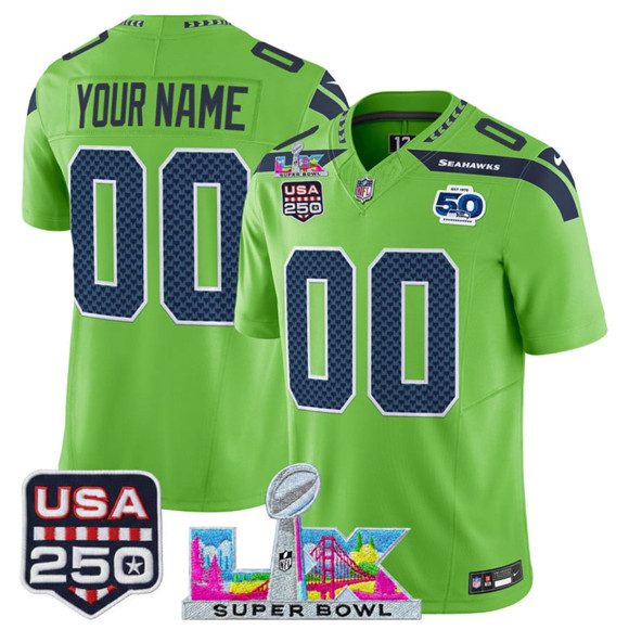 Seattle Seahawks Custom Green 2025 F.U.S.E. Super Bowl LX US 250th anniversary Patch And 50th Season Patch Vapor Limited Stitched Jersey - Zenithce
