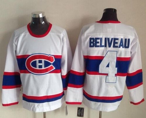 Canadiens #4 Jean Beliveau White CCM Throwback Stitched Jersey - Zenithce