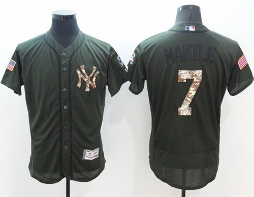 Yankees #7 Mickey Mantle Green Flexbase Authentic Collection Salute To Service Stitched Jersey - Zenithce