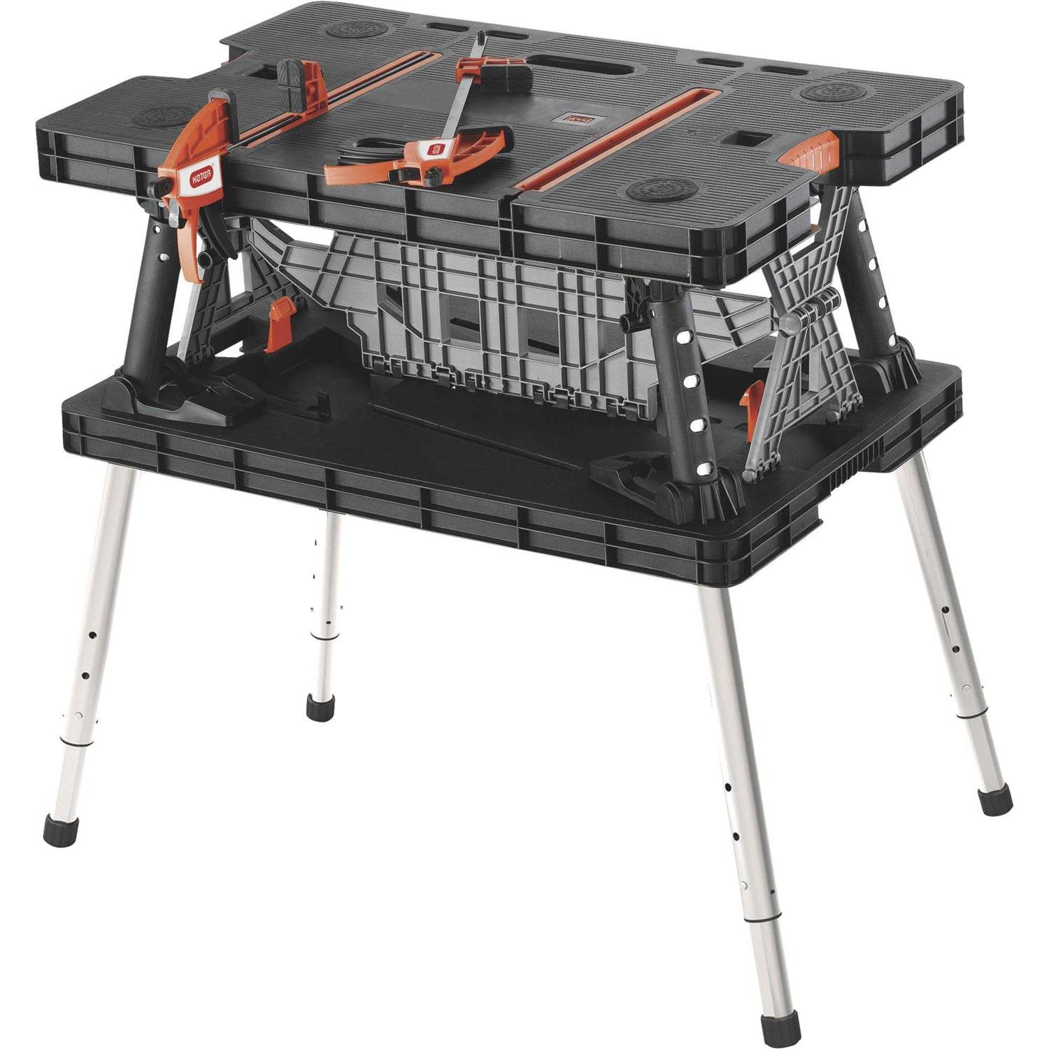 Keter Folding Portable Workbench Sawhorse with 12 Clamps - Zenithce