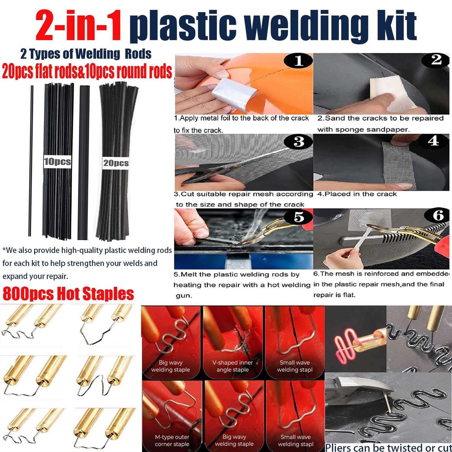 Upgraded 150W Plastic Welder Bumper Repair Kit,2-in-1 Plastic Welding Kit 800PCS Hot Staples & 30pcs Plastic Welding Rods,Hot Stapler Plastic Repair - Zenithce