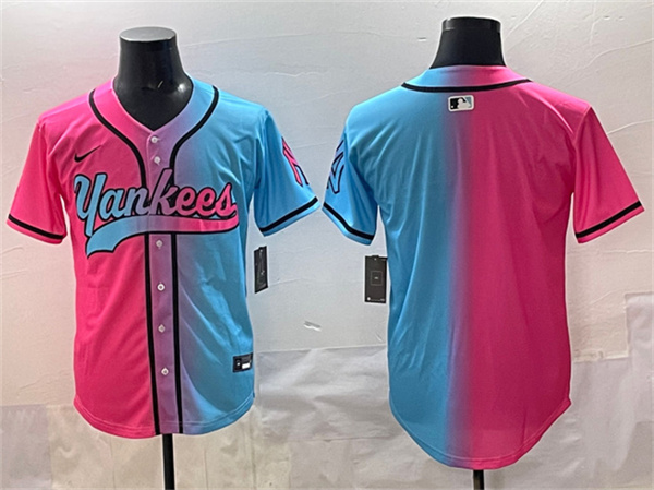 New York Yankees Blank Pink Blue Limited Stitched Jersey - Zenithce