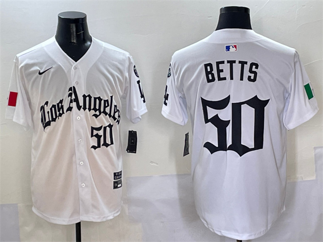 Los Angeles Dodgers #50 Mookie Betts White Mexico 2025 LA Gothic Style With Fernando Patch Vapor Premier Limited Stitched Jersey - Zenithce