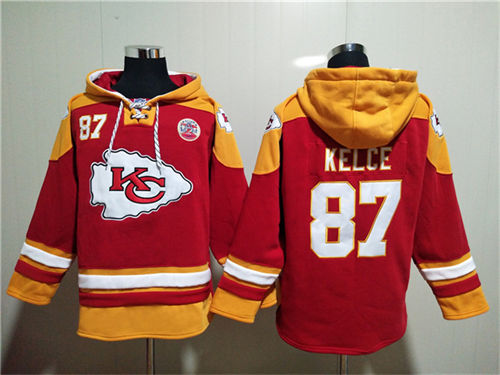 Kansas City Chiefs #87 Travis Kelce Red Lace-Up Pullover Hoodie - Zenithce