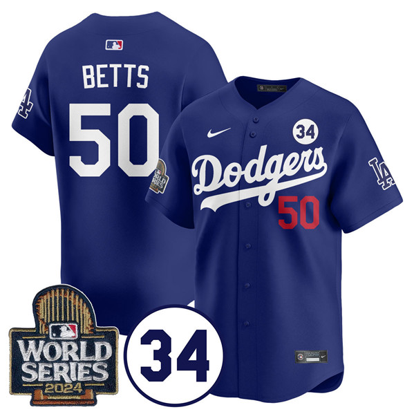 Los Angeles Dodgers #50 Mookie Betts Royal 2024 World Series With No. 34 Patch Cool Base Stitched Jersey - Zenithce