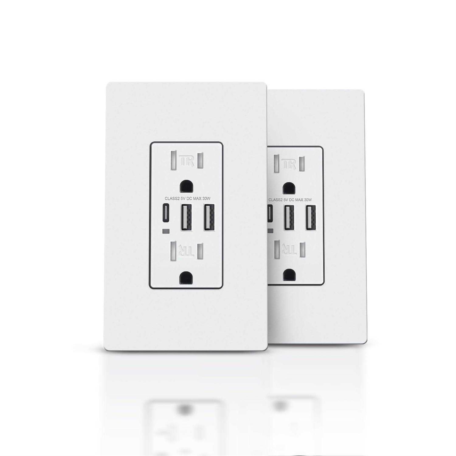 TOPELER USB Wall 3-Port USB C Outlet 30W 6.0A USB Outlet - Zenithce