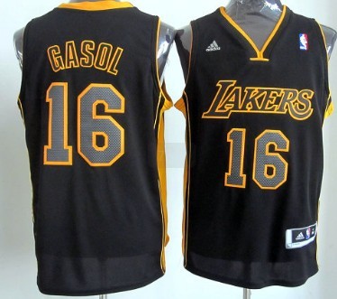 Los Angeles Lakers #16 Pau Gasol Revolution 30 Swingman All Black With Yellow Jersey - Zenithce