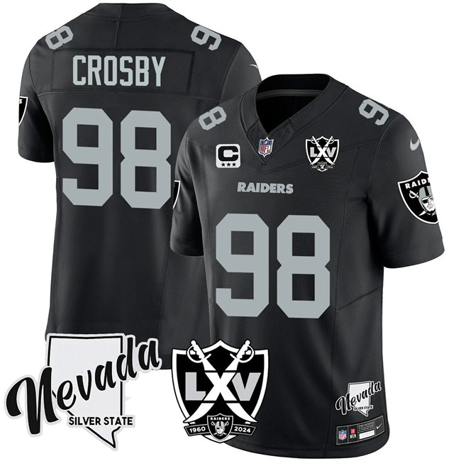 Las Vegas Raiders #98 Maxx Crosby Black 2024 F.U.S.E With Nevada Silver Stat Patch And 65th Anniversary Patch 3-Star C Patch Stitched Jersey - Zenithce