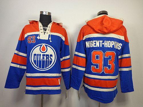 Oilers #93 Nugent-Hopkins Light Blue Sawyer Hooded Sweatshirt Stitched Jersey - Zenithce