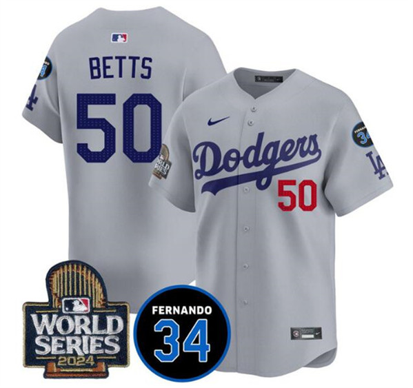 Los Angeles Dodgers #50 Mookie Betts Gray 2024 World Series With Fernando Memorial Patch Limited Stitched Jersey - Zenithce