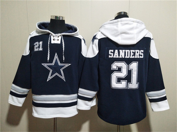 Dallas Cowboys #21 Deion Sanders Navy Ageless Must-Have Lace-Up Pullover Hoodie - Zenithce