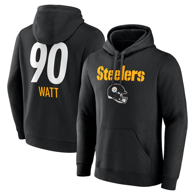 Pittsburgh Steelers #90 T.J. Watt Black Team Wordmark Player Name Number Pullover Hoodie - Zenithce