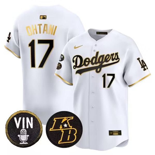 Los Angeles Dodgers #17 Shohei Ohtani White Gold Vin Kobe Patch Cool Base Stitched Jersey - Zenithce