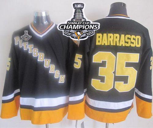 Penguins #35 Tom Barrasso Black Yellow CCM Throwback 2016 Stanley Cup Champions Stitched Jersey - Zenithce