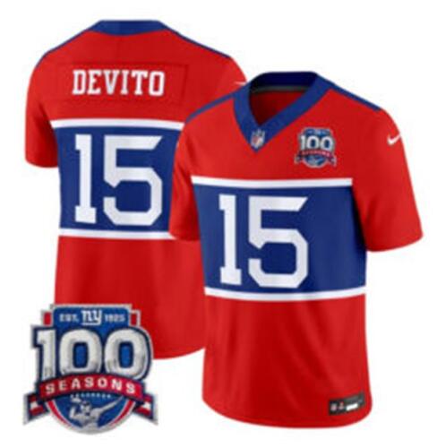 New York Giants #15 Tommy DeVito Century Red F.U.S.E. 100TH Season Commemorative Patch Limited Stitched Jersey - Zenithce
