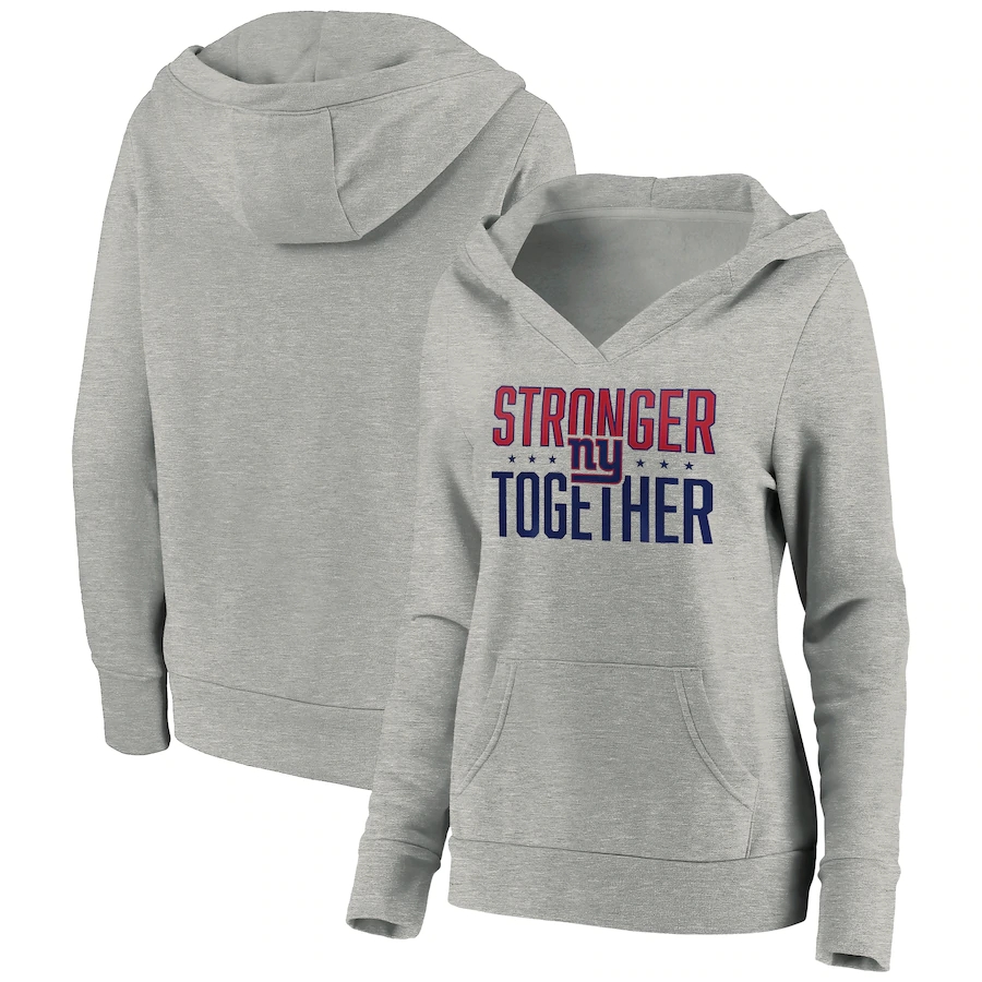 Women's New York Giants Heather Gray Stronger Together Crossover Neck Pullover Hoodie(Run Small) - Zenithce