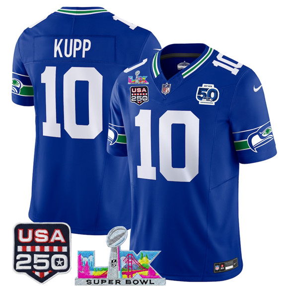 Seattle Seahawks #10 Cooper Kupp Royal 2025 F.U.S.E. Super Bowl LX Patch And 50th Season Patch Vapor Throwback Limited Stitched Jersey - Zenithce