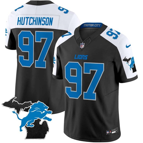 Detroit Lions #97 Aidan Hutchinson Black White F.U.S.E. 2024 Michigan Patch Vapor Limited Stitched Jersey - Zenithce